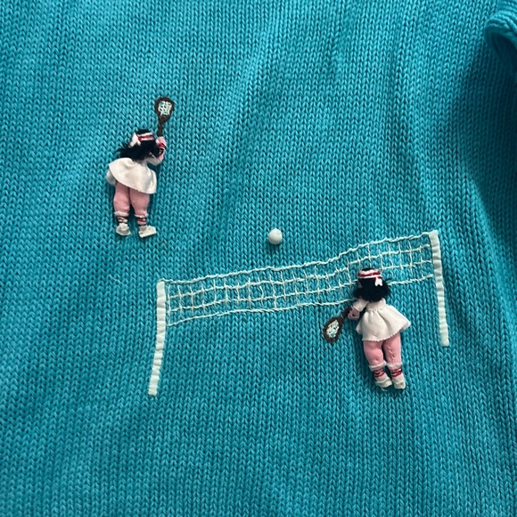 Vintage Blue Tennis Sweater with Colorful Stripes - Picture 2 of 5